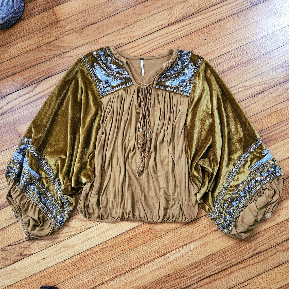 Free People Mustard Gold Velvet Boho Embroidered Blouse